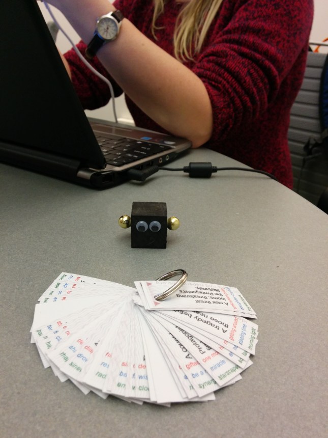 NanoWriMo "writer's block and cue card keychain"